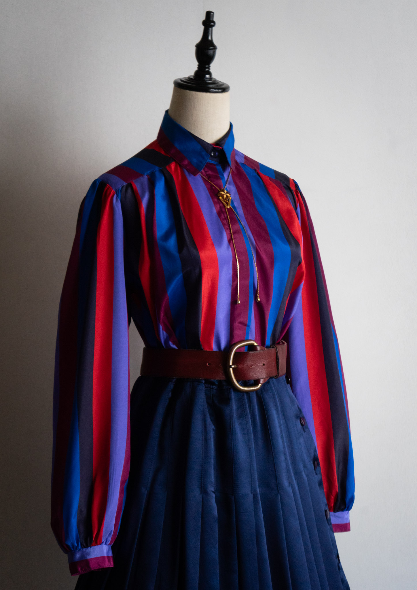 80's USA Blue × Red Stripe Pattern Blouse - Bernet